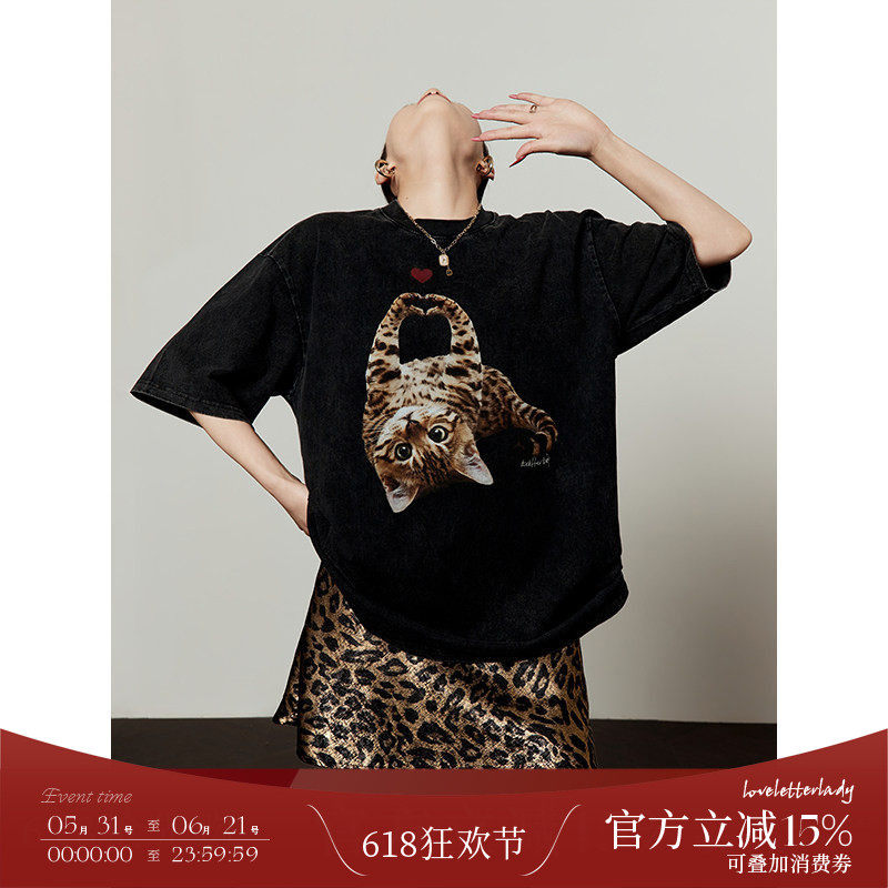 周里物/美式炒花黑豹纹猫印花t恤女2026新款夏季宽松复古百搭短袖