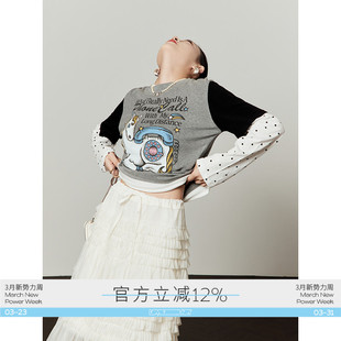 宽松上衣 印花时尚 周里物出品「小马密电」灰色T恤女2026春季 新款