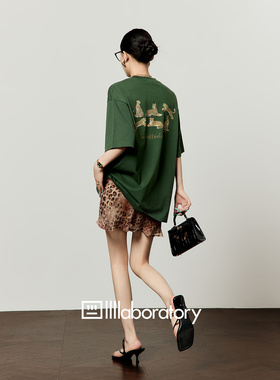 周里物/墨绿色双面豹纹印花t恤女2026夏季新款宽松复古设计感短袖