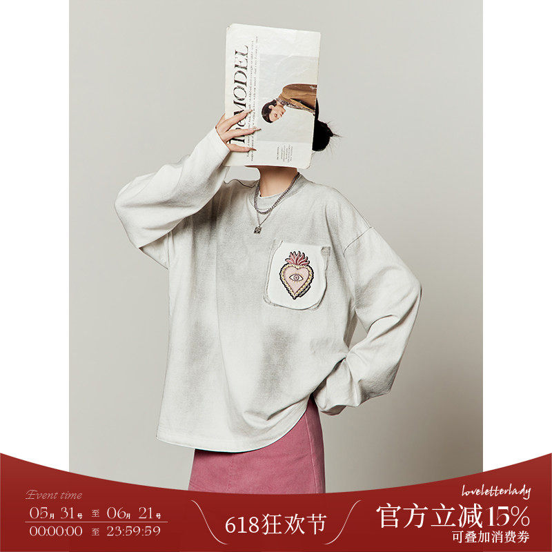周里物出品「爱心眼睛绣章」休闲复古做旧白色长袖上衣女2026新款