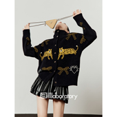 「周里物出品」黑色开衫 女2025新款 双豹提花立领宽松针织外套上衣