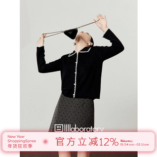 周里物/黑色针织衫女2025秋季新款撞色翻领修身百搭长袖针织开衫