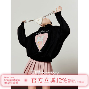 周里物出品「奇幻粉心」黑色加绒卫衣女2025秋季新款印花连帽上衣