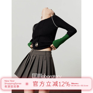 周里物/黑色针织衫女2025秋季新款撞色拼接修身显瘦百搭针织上衣