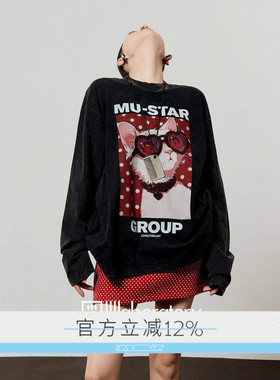 周里物出品「酷喵日记」黑色T恤女2026春季新款猫咪印花做旧长袖