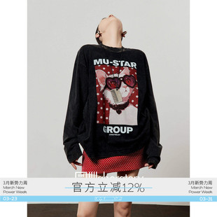 猫咪印花做旧长袖 周里物出品「酷喵日记」黑色T恤女2026春季 新款