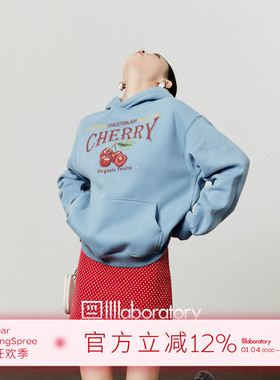 周里物出品「樱桃有机」蓝色加绒卫衣女2025秋季新款印花连帽上衣