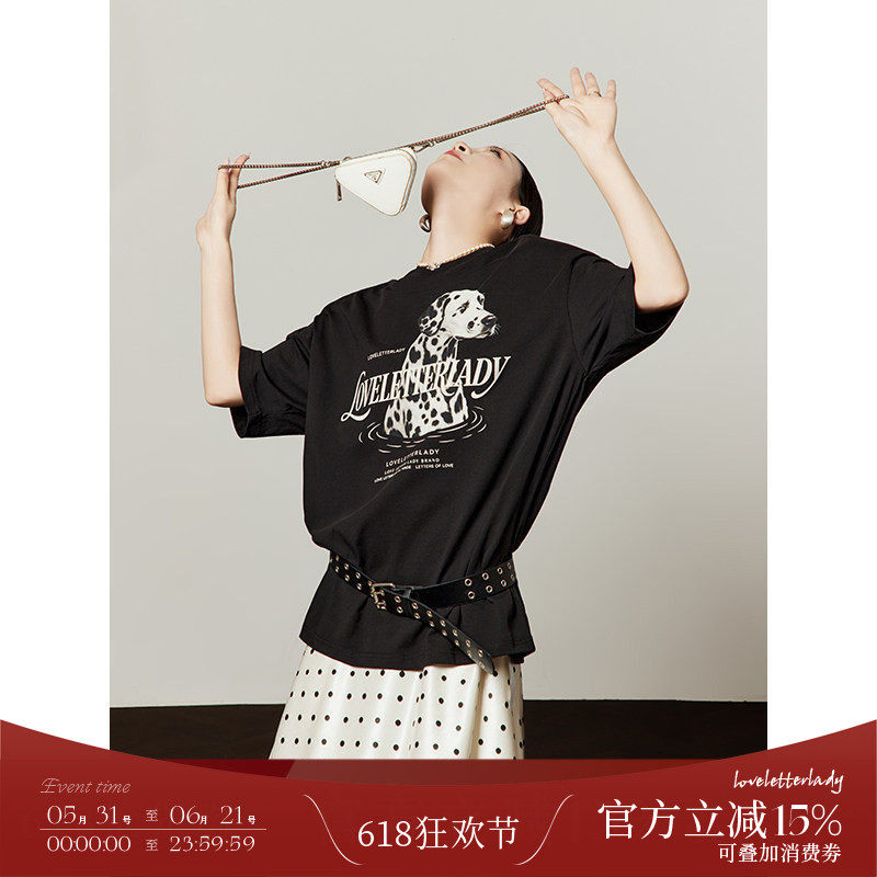 周里物/巧克力黑斑点狗直喷印花T恤女2026新款夏宽松复古凉感短袖