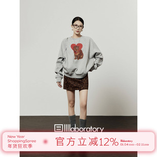 周里物出品「爱心卡纸」灰色加绒上衣女2025冬季新款印花休闲卫衣