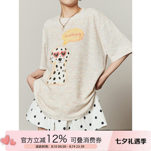 周里物花纱粉斑点狗短袖T恤女