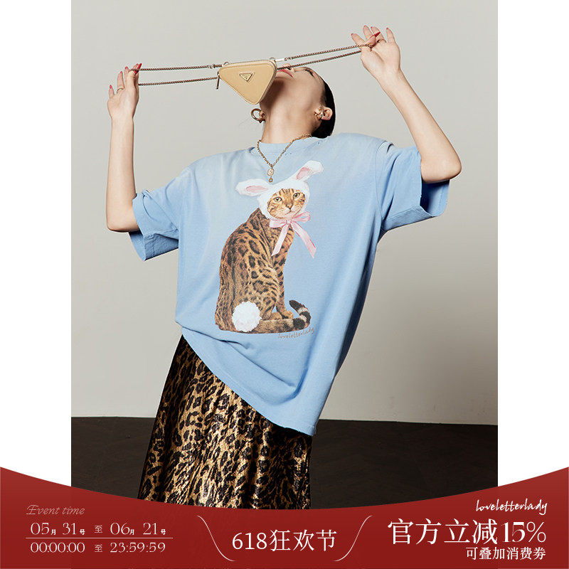 周里物/水洗蓝豹纹印花T恤女2026夏季新款宽松显瘦清新百搭短袖
