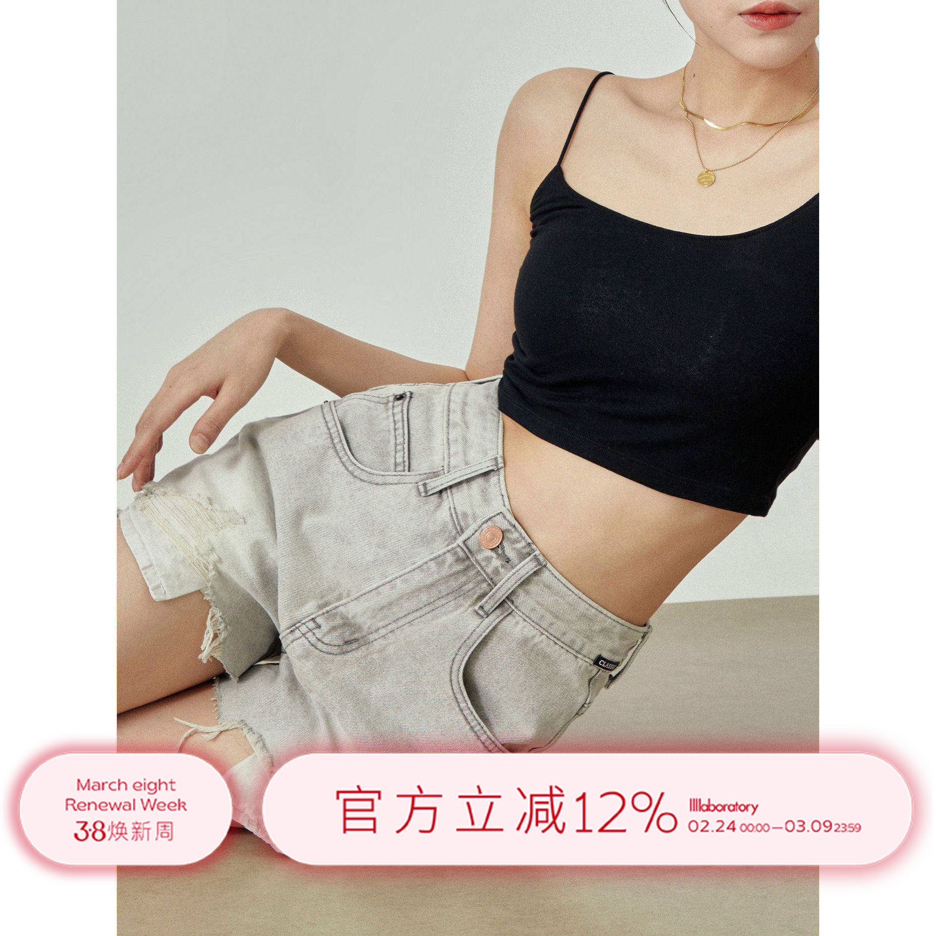 牛仔短裤女2024新款浅灰色复古休闲破洞高腰裤子宽松热裤女外穿