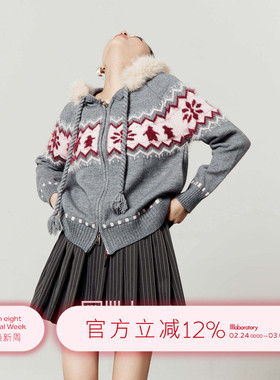周里物/灰色毛衣女2026春季新款学院风毛领帽子通勤百搭针织外套