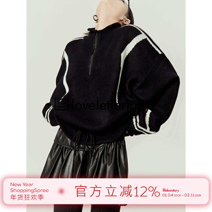 周里物/黑色毛衣女2025冬季新款立领抽绳设计宽松慵懒风针织 上衣