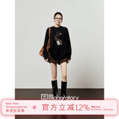 豹纹尾迹印花宽松圆领长袖 「周里物出品」黑色T恤女2025秋季 新款