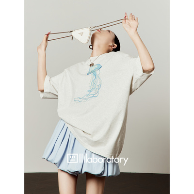 周里物花灰双面印花短袖T恤女