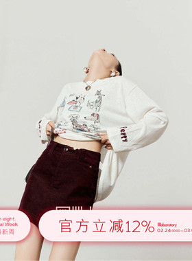 周里物「漫稿」白色T恤女2026春季新款宽松卡通插画印花长袖上衣