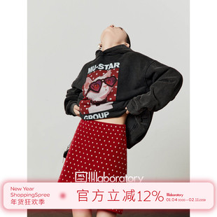 周里物出品「酷喵日记」黑色加绒上衣女2025秋季新款印花连帽卫衣