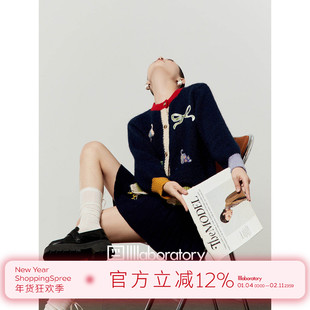 「周里物出品」藏蓝色毛衣女2025秋季新款撞色圆领通勤风针织外套