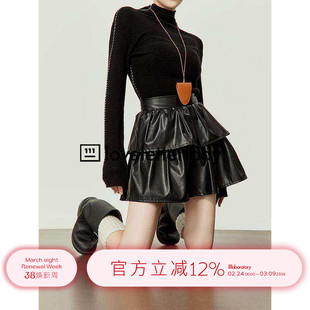 周里物/黑色皮裙女半身裙PU高腰显瘦显高a字蛋糕短裙带内衬裙裤