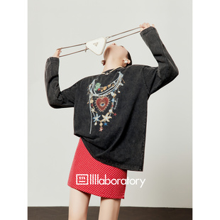 周里物出品「独眼项链」炒雪花黑长袖女2026春季新款圆领宽松上衣