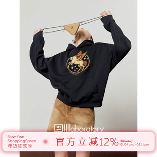 周里物出品「金点飞马」蓝色加绒卫衣女2025秋季新款印花连帽上衣