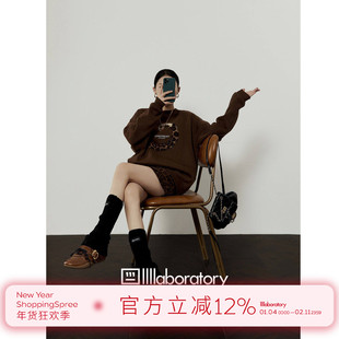 「周里物出品」棕色加绒卫衣女2025秋季新款豹尾印花宽松圆领卫衣