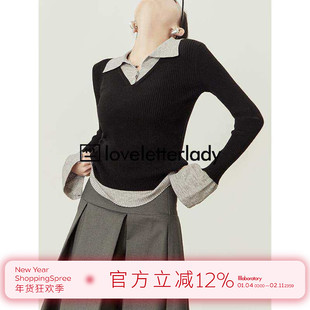 周里物/黑色针织衫女2025初春新款polo领撞色修身显瘦假两件上衣