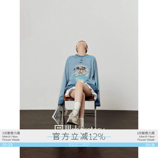 宽松休闲长袖 周里物出品「椰风豹浪」灰蓝色T恤女2026春季 新款