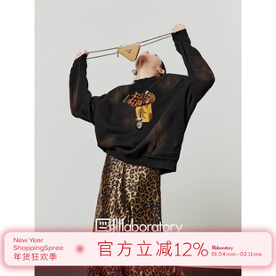 周里物出品「金豹财财」黑色加绒卫衣女2025秋季新款印花圆领上衣