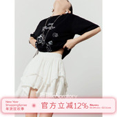 印花宽松短袖 「周里物出品」黑色T恤套装 女2025夏新款 白色半身裙