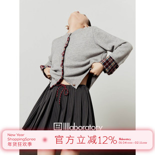 周里物/灰色针织衫女2025秋季新款格纹拼接圆领宽松休闲针织开衫