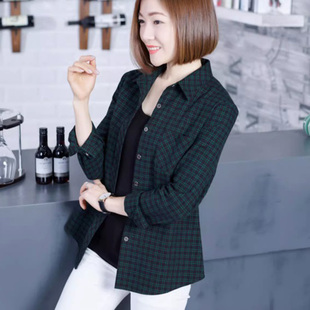 洋气外穿小衫 翻领衬衫 大码 春秋新款 全棉妈妈绿色女士格子衬衣长袖