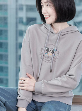 灰色连帽女士卫衣女款春季新款棉质宽松大码洋气减龄长袖上衣外套