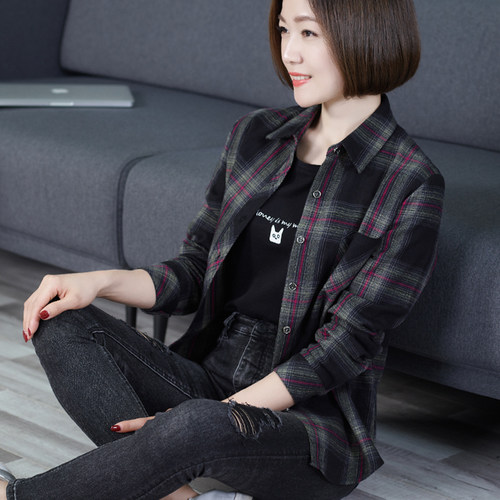 纯棉黑色格子衬衫女长袖妈妈春秋