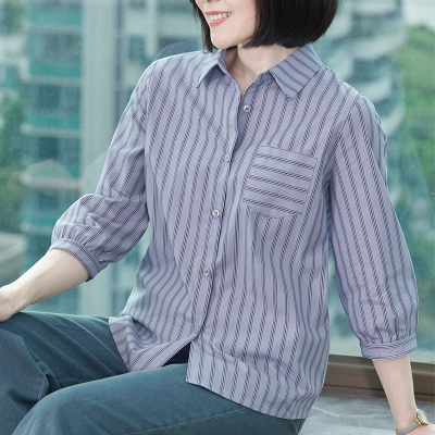 七分袖全棉衬衫高端蓝色条纹休闲