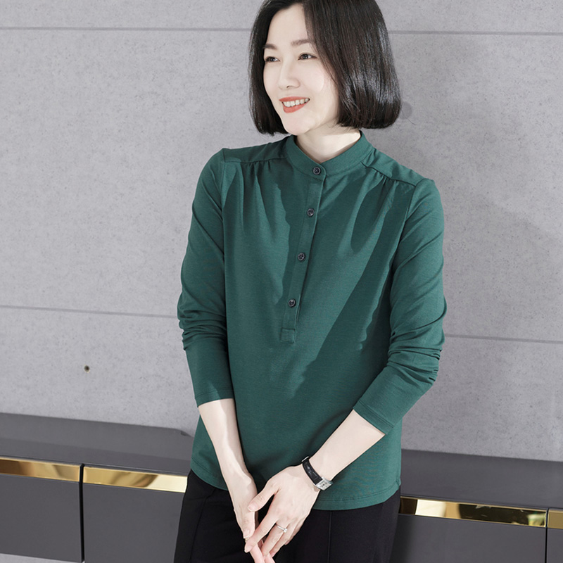 立领春秋长袖上衣女士洋气莫代尔棉宽松外穿T恤大码妈妈小衫新款