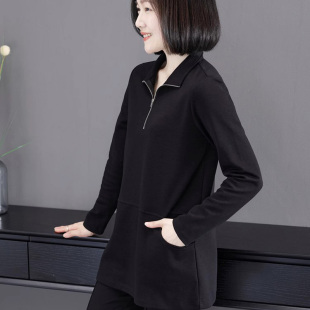 T恤秋衣 宽松微胖长袖 纯棉半拉链翻领中长款 上衣女遮屁股洋气大码