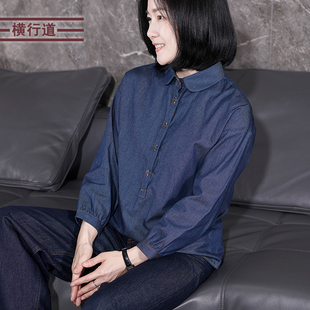 POLO领九分袖 妈妈装 纯棉牛仔衬衫 宽松上衣复古衬衫 衬衣秋季 女装