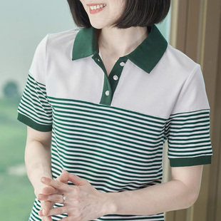 纯棉正肩短袖t恤女夏季新款宽松polo衫下摆收口绿色条纹减龄小衫