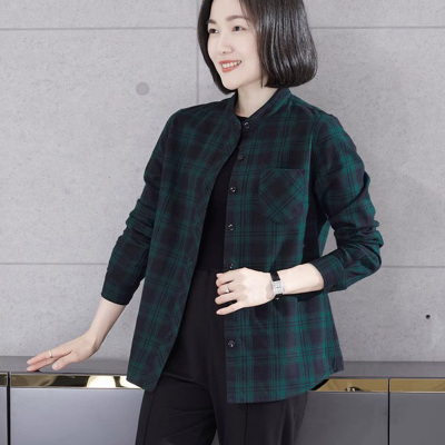 长袖全棉立领衬衫格子女款上衣