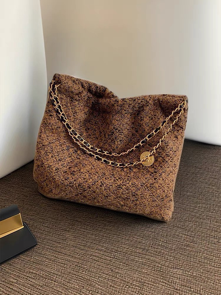 大容量通勤棕色毛呢链条托特包包女式2024新款小众单肩腋下包秋冬