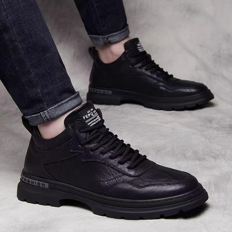 2025春季新款男士百搭黑色商务休闲皮鞋真皮软底减震运动鞋