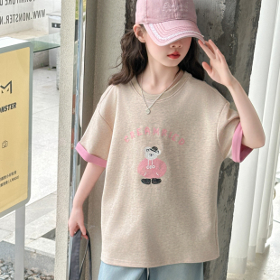 韩国女童短袖T恤夏季2025新款儿童洋气半袖t中大童休闲小熊上衣薄