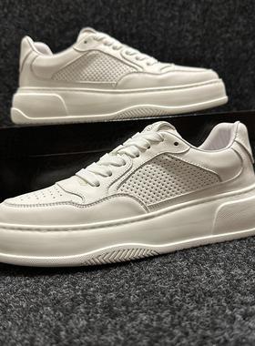 时尚透气小白鞋春季新款百搭休闲男鞋轻便4cm增高厚底真皮板鞋男