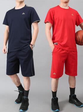 全棉红色运动套装夏季短袖T恤 圆领本命年宽松运动服大码篮球服男