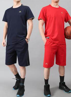 全棉红色运动套装夏季短袖T恤男