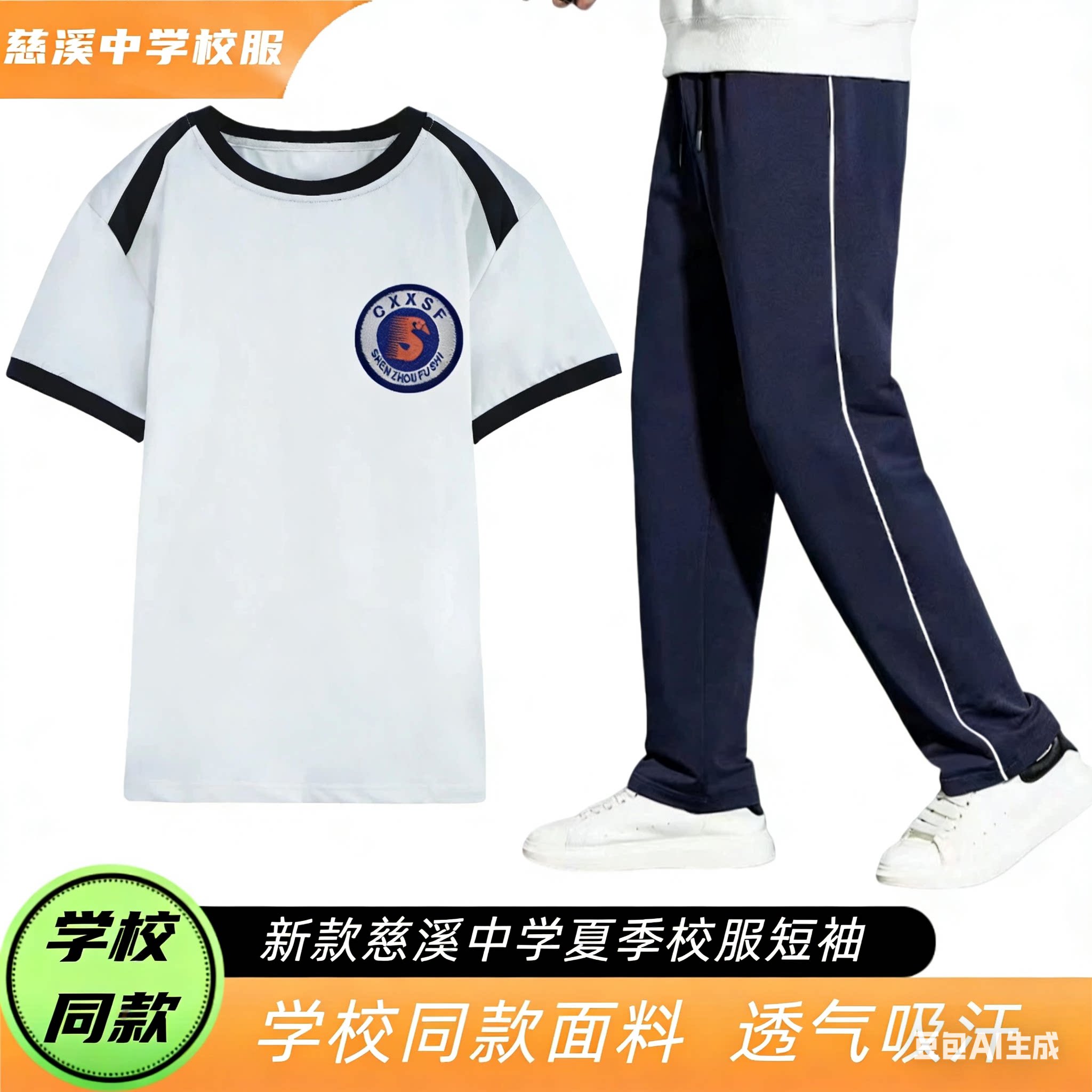慈溪初中校服杭州湾初级中学长裤学校同款夏季纯棉短袖圆领上衣