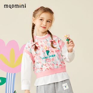 MQDMINI女童卫衣春秋季新款中小童马甲拼接假两件衬衣领长袖上衣