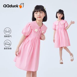 可可鸭女童短袖连衣裙夏款新款翻领宝宝裙子休闲透气中大童纯棉裙